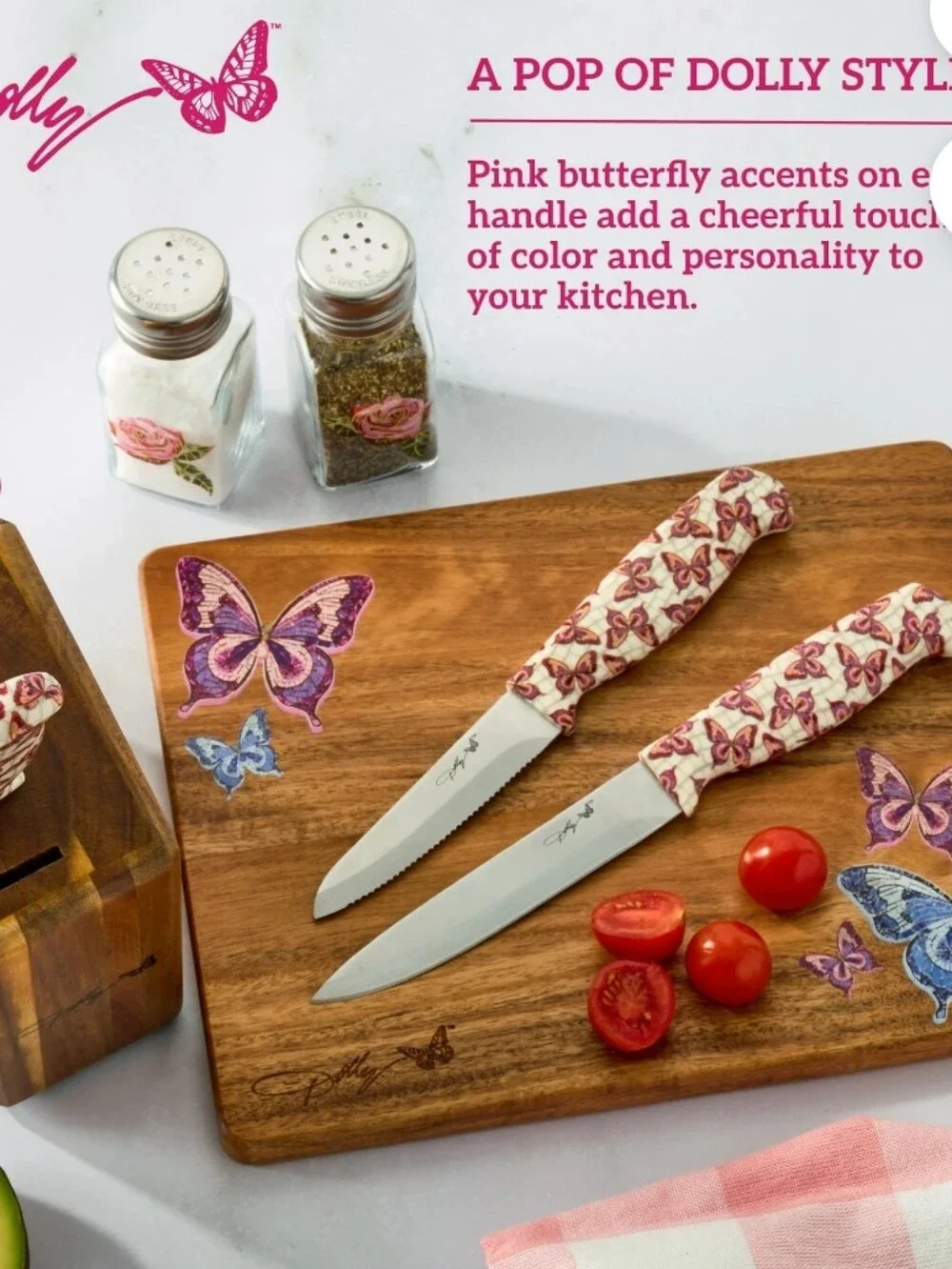 Dolly Parton Butterfly Print 5-PC Cutlery Prep Set w/Wood Block